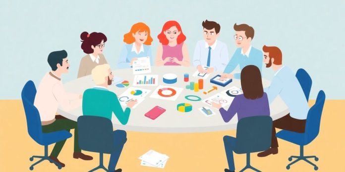 Illustrasjon av mennesker som diskuterer næringskoder.