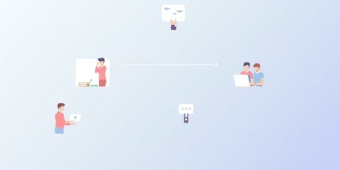 Illustrasjon av outsourcing med samarbeidende team.