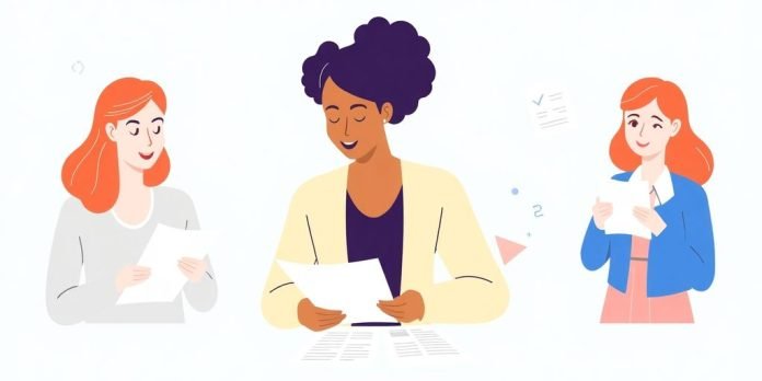 Illustrasjon av personer som jobber med papirer.