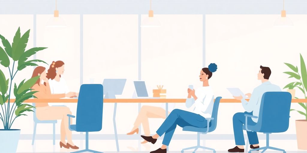 Illustrasjon av ansatte i et avslappende arbeidsmiljø.