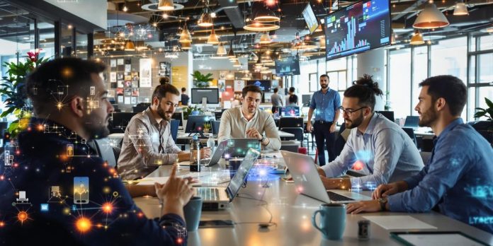 Moderne kontor med samarbeidende fagfolk og teknologi.