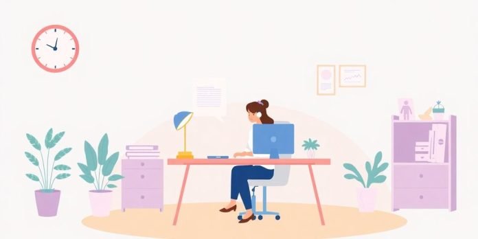 Illustrasjon av en trygg arbeidsplass med person ved skrivebord.