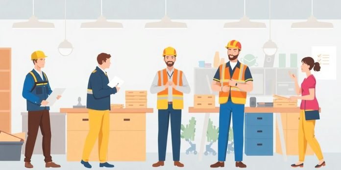 Illustrasjon av ansatte i trygt arbeidsmiljø.