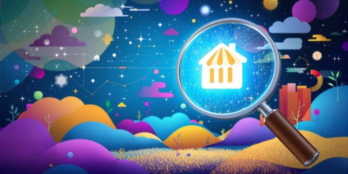 Forretningsikon med forstørrelsesglass og fargerik bakgrunn.