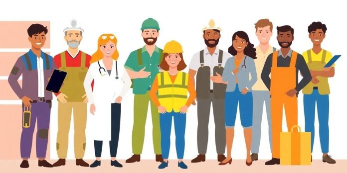 Illustrasjon av arbeidstakere med yrkesskadeforsikring.