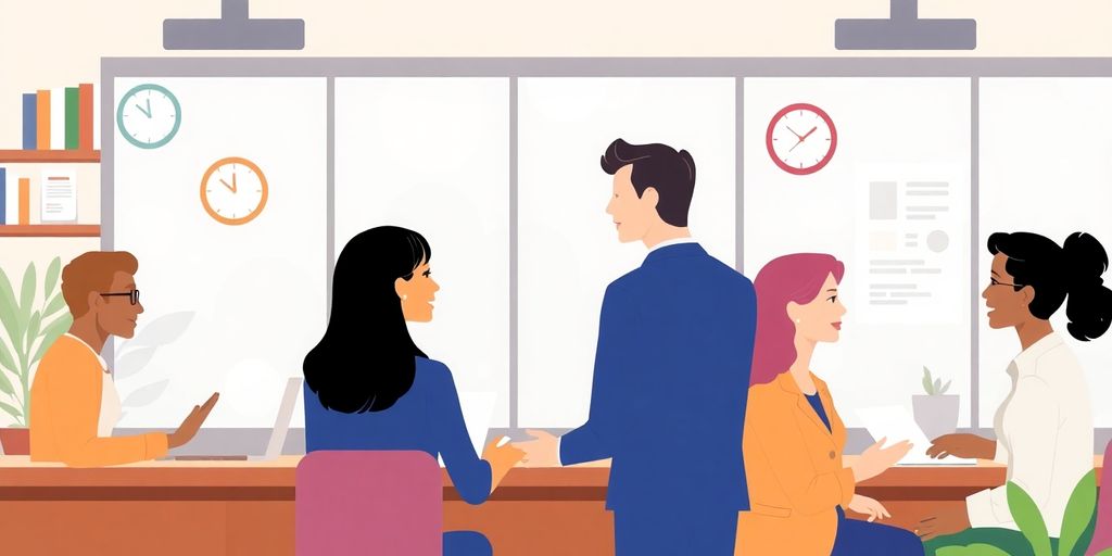 Illustrasjon av et arbeidsmiljø med ansatte som diskuterer.