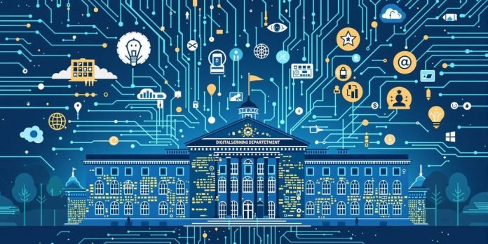 Regjeringsbygning med digitale elementer og dataflyt.